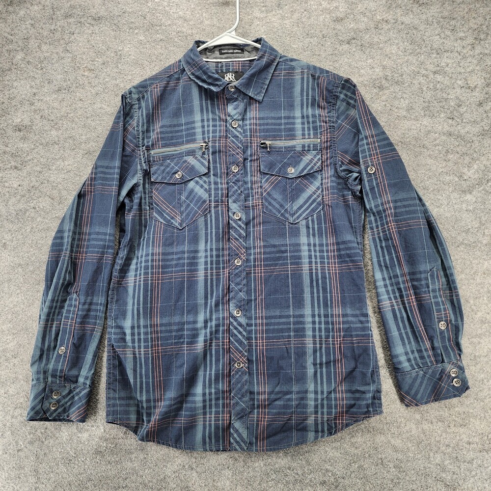 Rock Republic Shirt Mens Small Button Up Blue Plaid Roll Tab